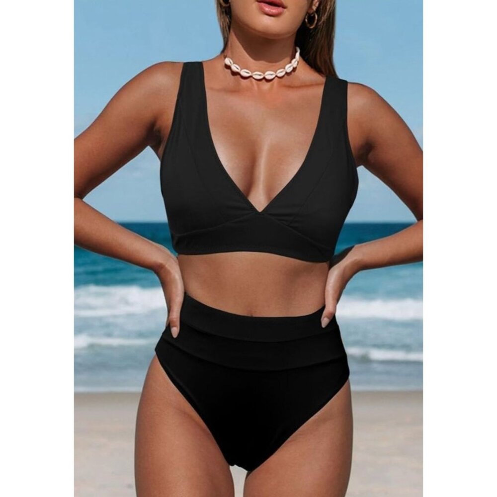 Womens Black V-Neck Bikini Swimsuit Set S High Waisted 2-Piece Bathing Suit